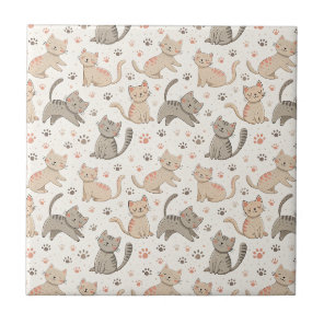 Playful Kittens and Paw Prints - Kids Cat Pattern Ceramic Tile