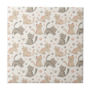 Playful Kittens and Paw Prints - Kids Cat Pattern Ceramic Tile