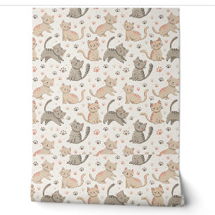 Playful Kittens and Paw Prints - Kids Cat Pattern Wallpaper