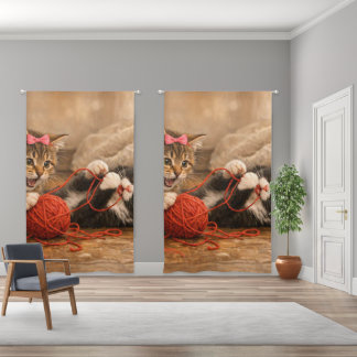Playful Kittens with Red Yarn – Blackout Curtains