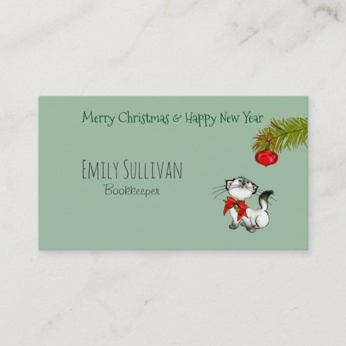 Playful Kitty Cat In A Red Christmas Bow Business Card