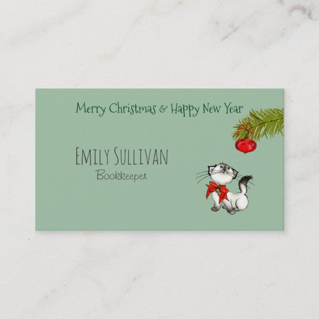 Playful Kitty Cat In A Red Christmas Bow Business Card (Front)