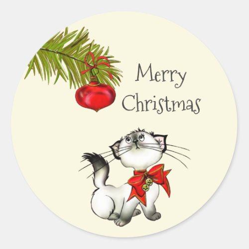 Playful Kitty Cat In A Red Christmas Bow Classic Round Sticker