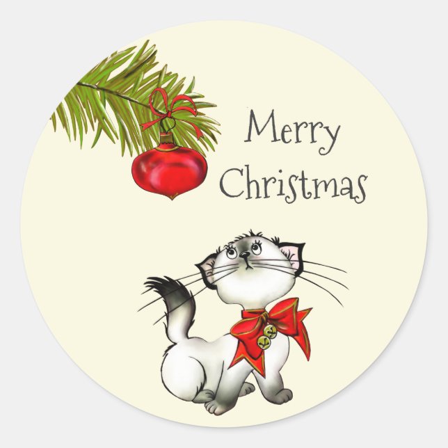 Playful Kitty Cat In A Red Christmas Bow Classic Round Sticker (Front)