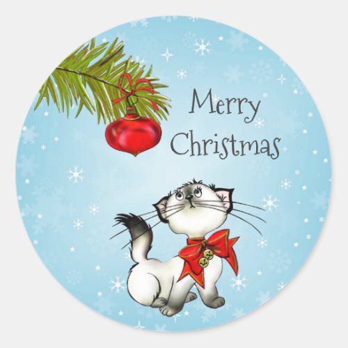 Playful Kitty Cat In A Red Christmas Bow Classic Round Sticker