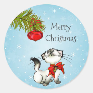 Playful Kitty Cat In A Red Christmas Bow Classic Round Sticker