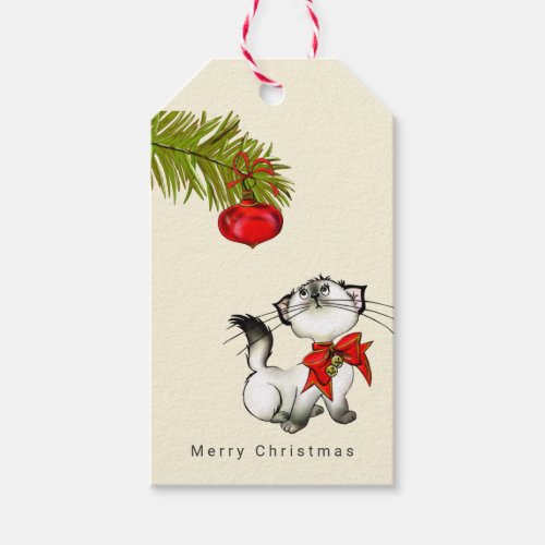 Playful Kitty Cat In A Red Christmas Bow Gift Tags