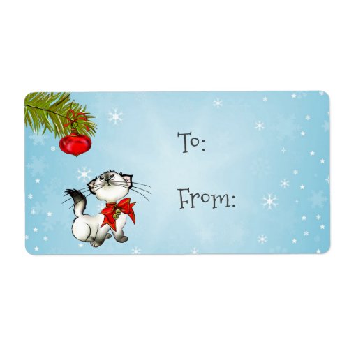 Playful Kitty Cat In A Red Christmas Bow Label