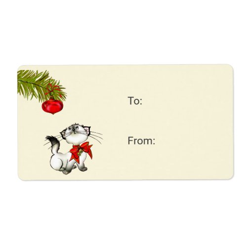 Playful Kitty Cat In A Red Christmas Bow Label