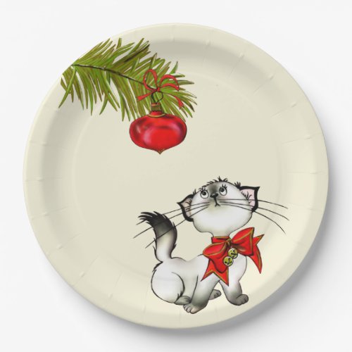 Playful Kitty Cat In A Red Christmas Bow Paper Plates