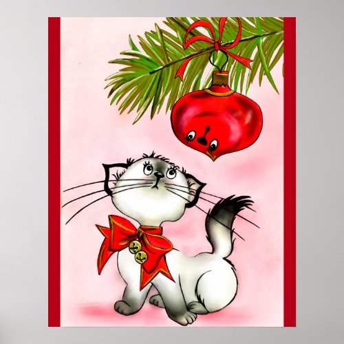 Playful Kitty Cat In A Red Christmas Bow Poster