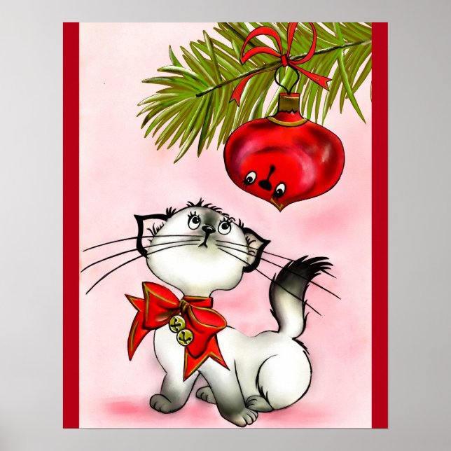 Playful Kitty Cat In A Red Christmas Bow Poster (Front)