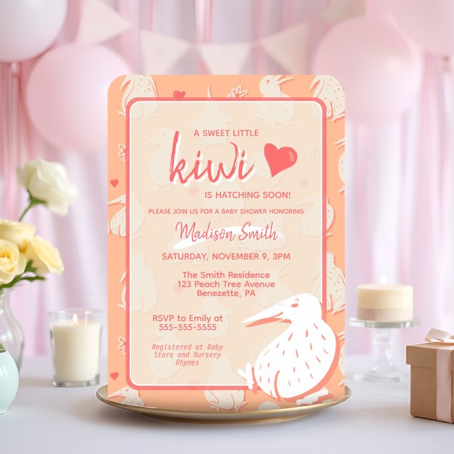 Playful Kiwi Bird Bare Bottom Peach Baby Shower Invitation (Cheeky kiwi bird baby shower invitation in playful peach tones for a fun, quirky celebration!)