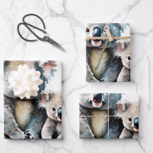 Playful Koala Family in Watercolor Meadow Wrapping Paper Sheets