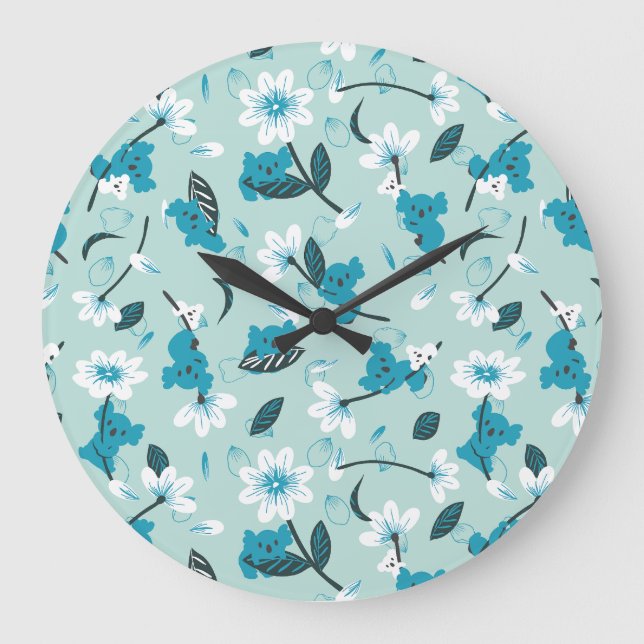 Playful Koala Pattern Cute Animal and Nature Art Large Clock (Front)