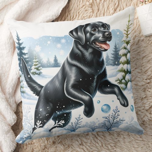 Playful Labrador Retriever Christmas Snow Dog  Throw Pillow