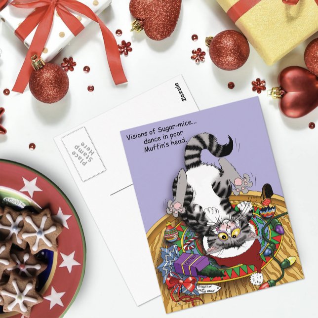 Playful Lavender Catnip Christmas Cat Funny Postcard (Creator Uploaded)