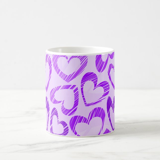 Playful Lavender Purple Cute Sketch Heart Pattern Coffee Mug (Center)