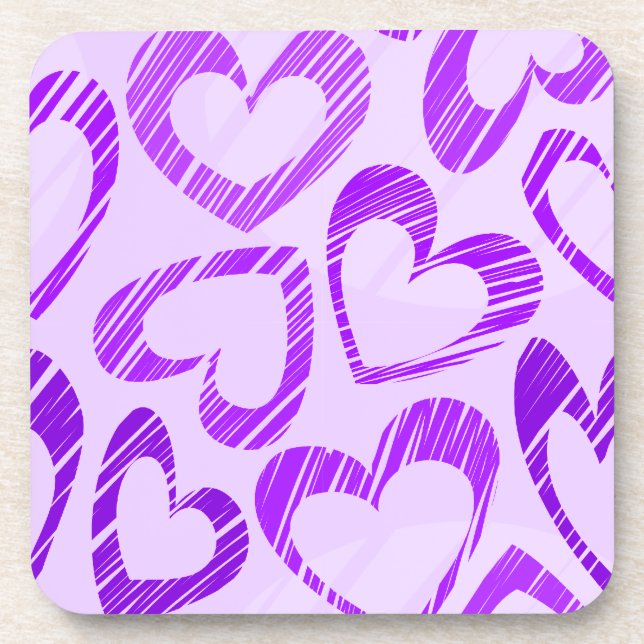 Playful Lavender Purple Cute Sketch Heart Pattern Drink Coaster (Front)