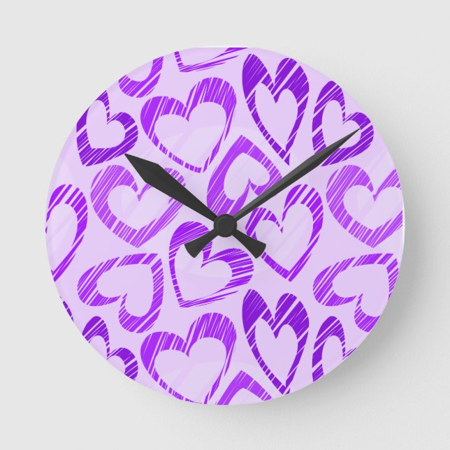 Playful Lavender Purple Cute Sketch Heart Pattern Round Clock (Front)