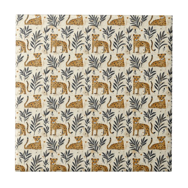 Playful Leopard Jungle Pattern Ceramic Tile (Front)