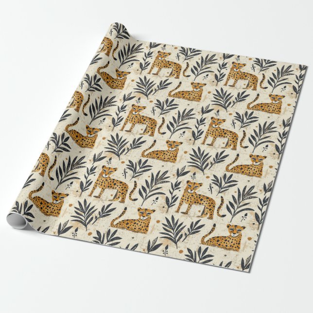 Playful Leopard Jungle Pattern Wrapping Paper (Unrolled)