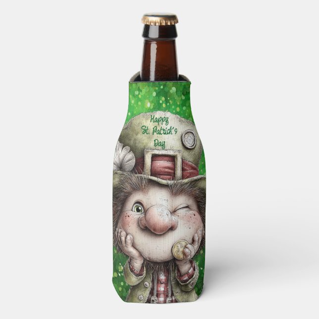 Playful Leprechaun Illustration  Bottle Cooler (Bottle Front)