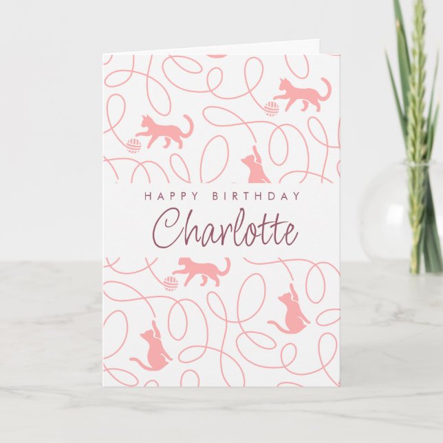 Playful Light Coral Pink Cat Pattern Birthday Card (Front)