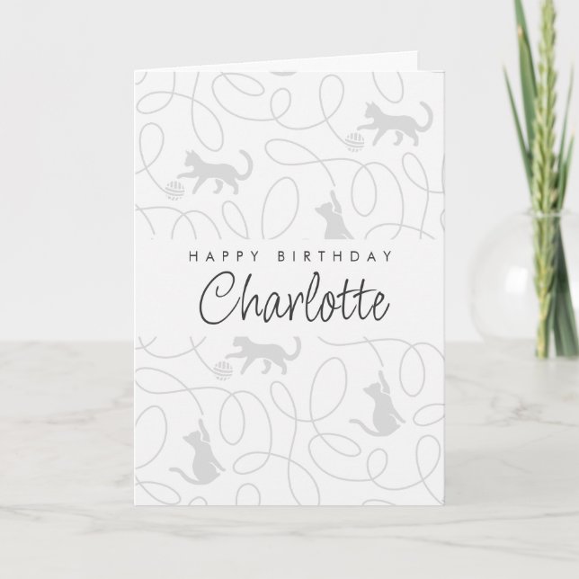 Playful Light Gray Cat Pattern Birthday Card (Front)