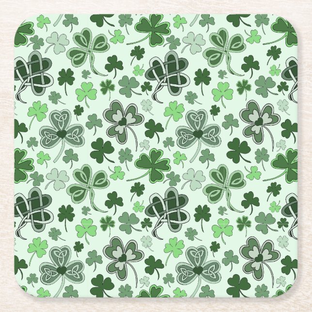 Playful Light Green Shamrock Hearts Pattern Celtic Square Paper Coaster (Front)