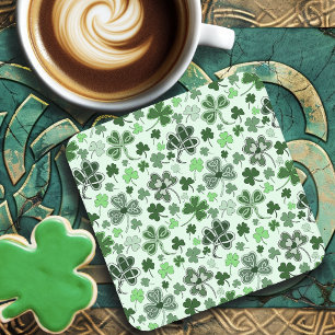 Playful Light Green Shamrock Hearts Pattern Celtic Square Paper Coaster