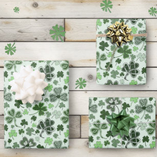 Playful Light Green Shamrock Hearts Pattern Celtic Wrapping Paper Sheets