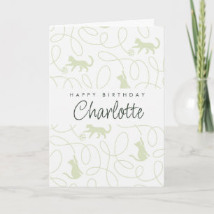 Playful Light Sage Green Cat Pattern Birthday Card