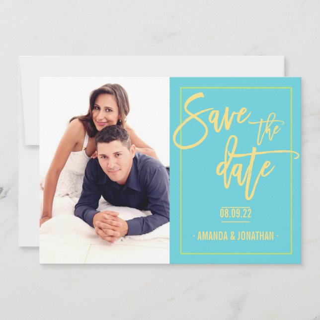 Playful Lime, Yellow and Blue Wedding Save Date Save The Date (Front)