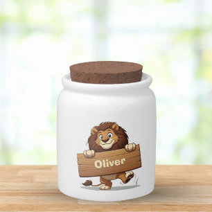 Playful Lion with Wooden Name Plate Candy Jar