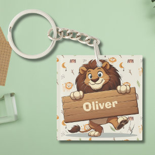 Playful Lion with Wooden Name Plate Keychain