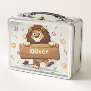 Playful Lion with Wooden Name Plate Metal Lunch Box
