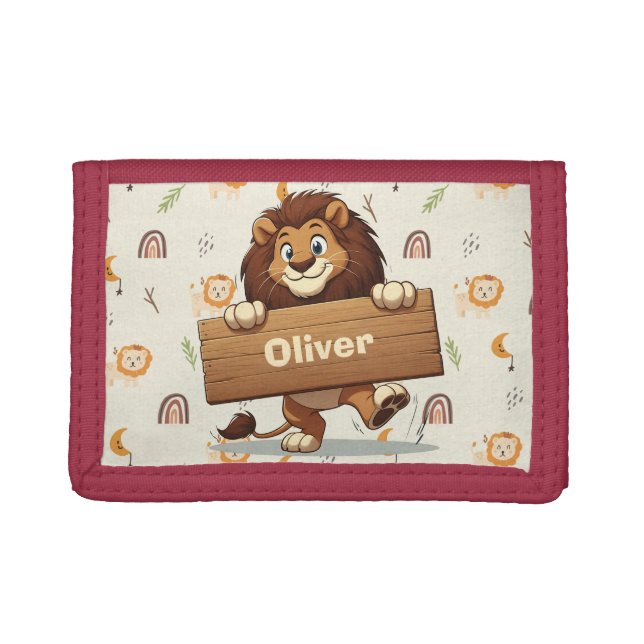 Playful Lion with Wooden Name Plate Trifold Wallet (Front)