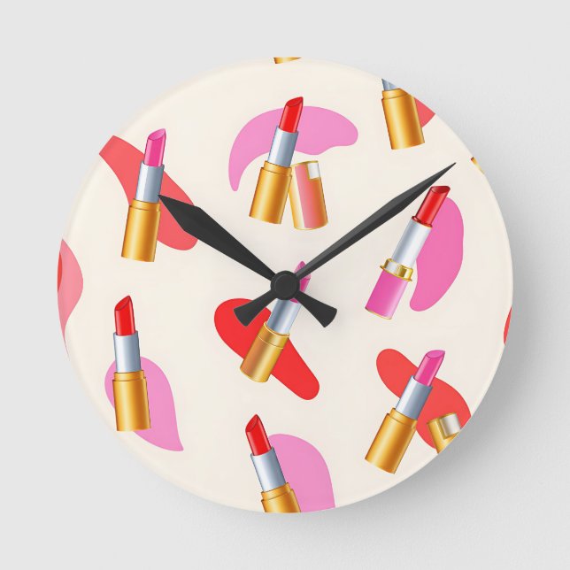 Playful Lipstick Beauty Glam Pattern Round Clock (Front)