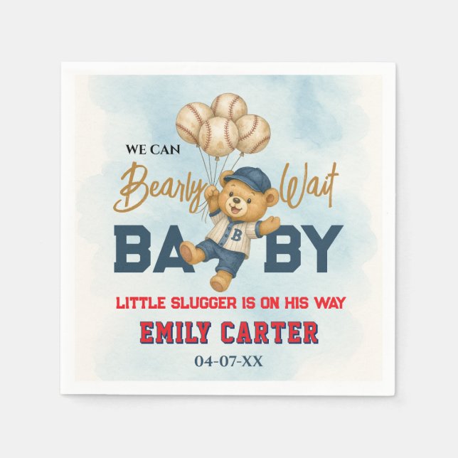 Playful Little Slugger Blue Baseball Baby Shower Napkins (Front)