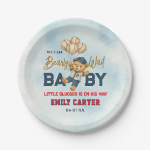 Playful Little Slugger Blue Baseball Baby Shower Paper Plates
