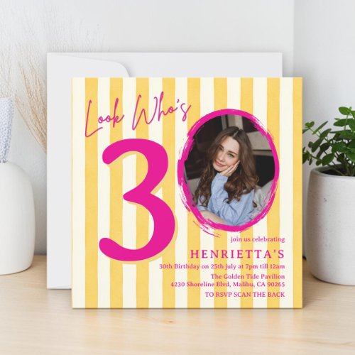 Playful Magenta 3 Photo Stripe Yellow birthday Invitation