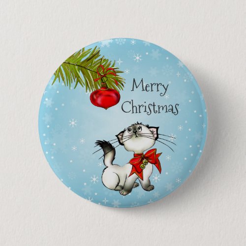 Playful Merry Christmas Kitty With A Red Bow Button