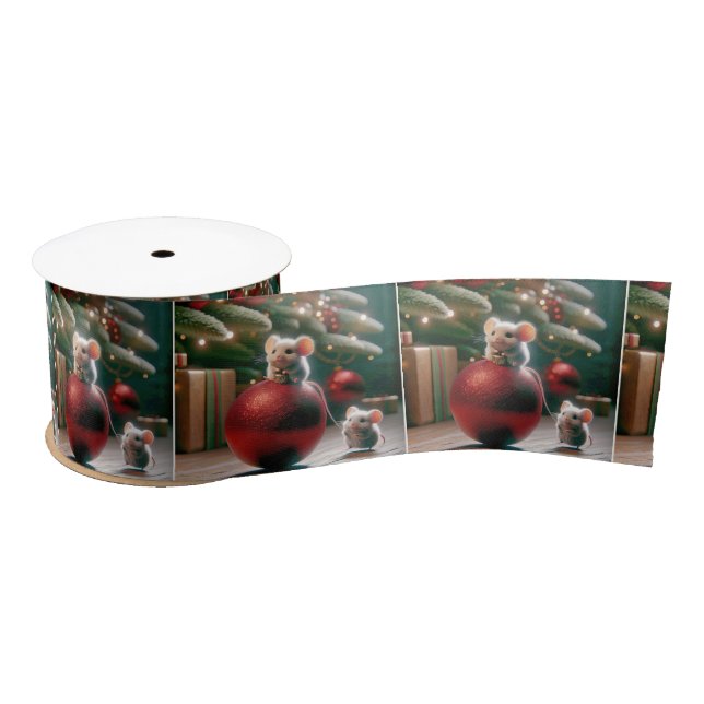 Playful Mice On Red Christmas Ornament Satin Ribbon (Spool)