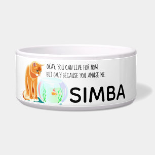 Playful, Mischievous Cat Taunting Fish Personalize Bowl