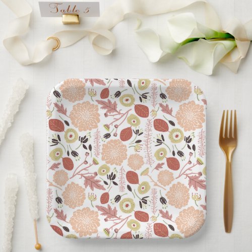 Playful Mix Peach Green Illustrated Flowers Leaves Paper Plates