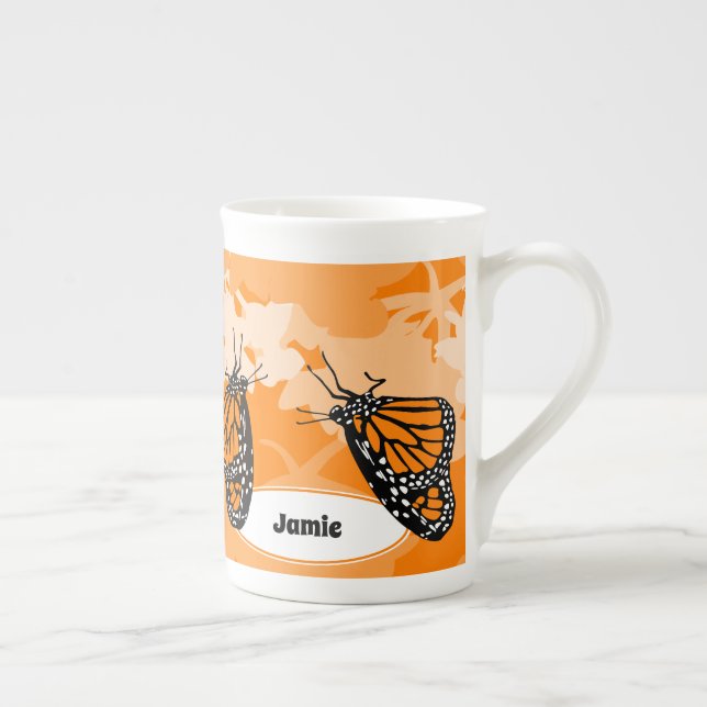 Playful Monarch Butterfly & Name Orange Bone China Mug (Right)