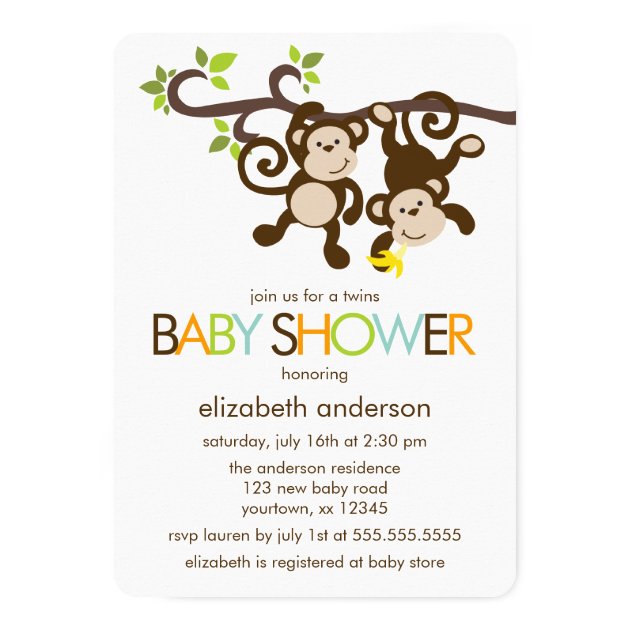 Playful Monkeys Twins Baby Shower Invitation