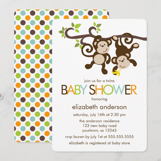 Playful Monkeys Twins Baby Shower Invitation (Front/Back)
