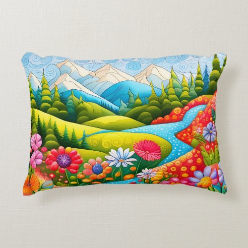 Playful Mountain Meadow with Flowers and Stream Accent Pillow